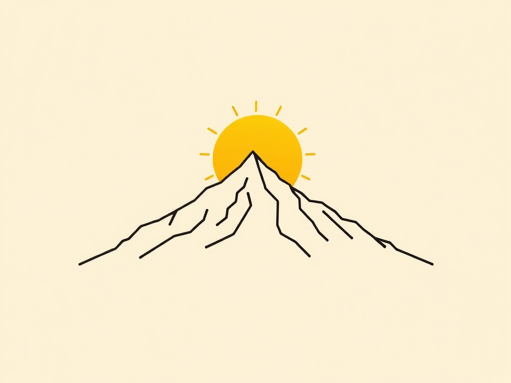 Minimalist line art of a mountain and sun, clean vector style, gold on cream background, 8k